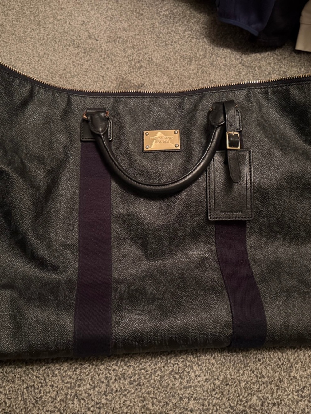 Michael Kors Leather Travel Weekender Bag with Black Mono and Gold Accent
